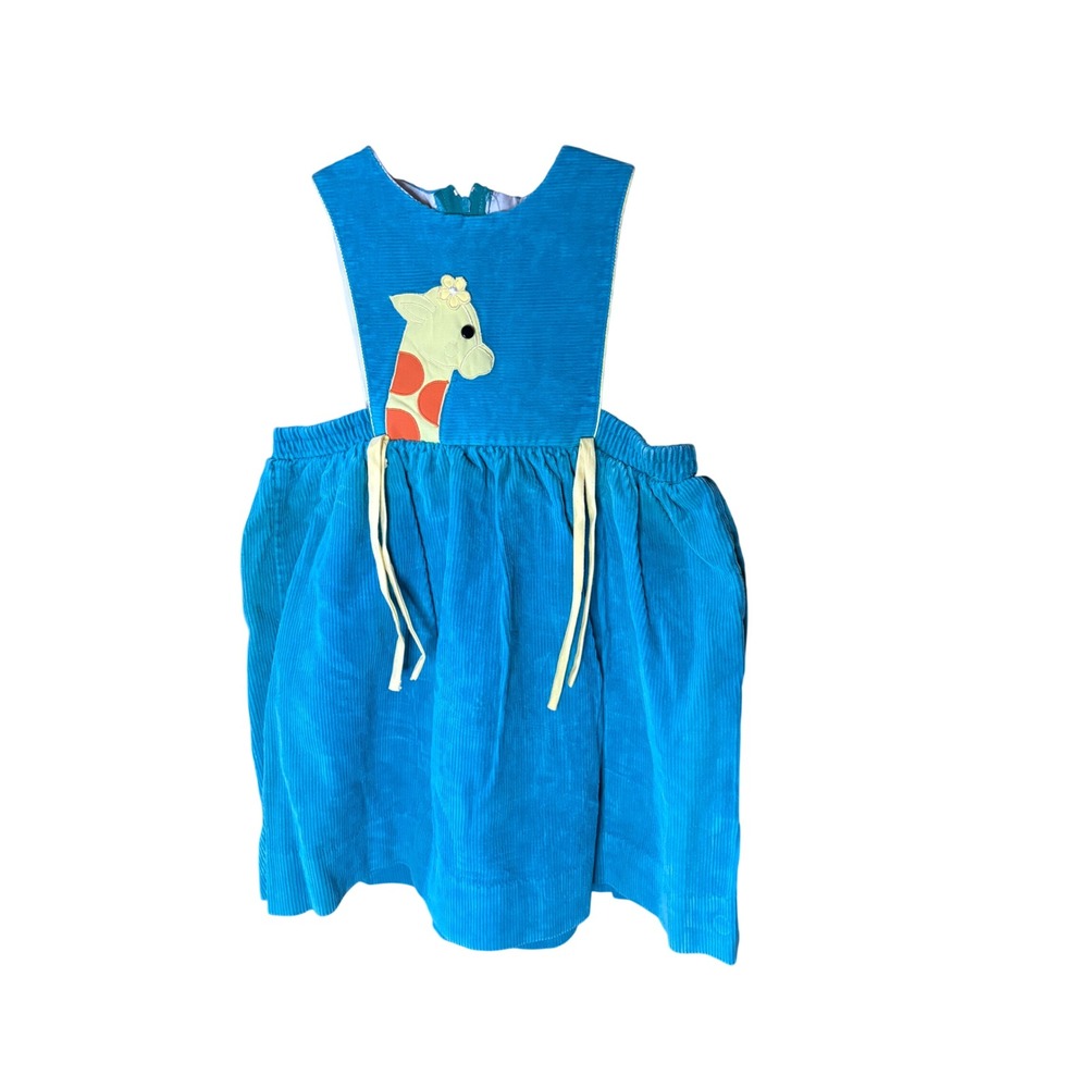 Vintage Youth Park Girls Blue Corduroy Giraffe Applique Jumper Dress Size 4